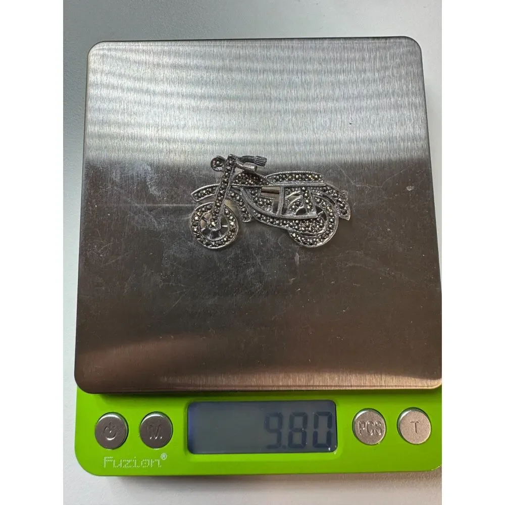 Sterling Silver 925 Marcasite Motorcycle Brooch Pin